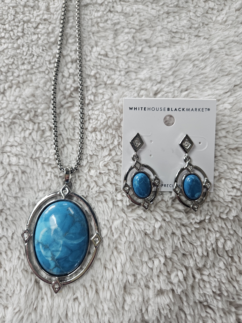 White House Black Market Silver Necklace & Earrings Set with Turquoise Stones